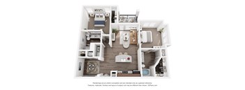 A 3D floor plan of a house with a kitchen, living room, and bathroom.