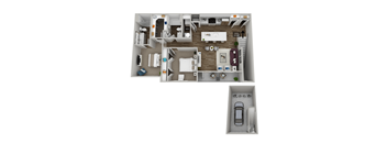a stylized floor plan with two bedrooms and two bathrooms