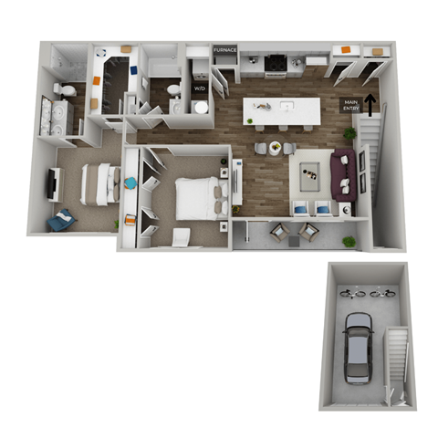 a stylized floor plan with two bedrooms and two bathrooms