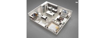 A 3D rendered image of a modern apartment layout.