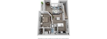 A 3D floor plan of a house with a kitchen, living room, and bathroom.
