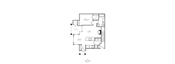 A black and white image of a floor plan for a 1 bedroom, 1 bathroom apartment.