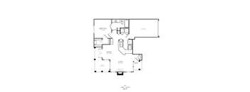A floor plan of a one bedroom apartment with a living room, dining room, kitchen, and bathroom.