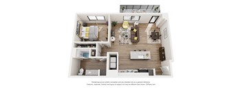 A 3D floor plan of a house with a kitchen, living room, and bathroom.