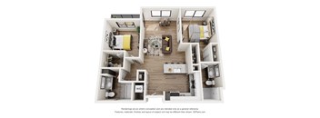 A 3D floor plan of a house with multiple rooms and furniture.