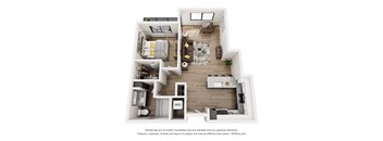 A 3D floor plan of a small apartment with a kitchen, living room, and bedroom.