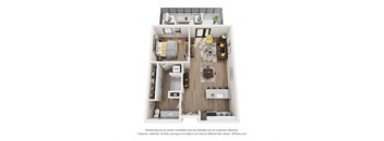 A 3D floor plan of a small apartment with a kitchen, living room, and bedroom.