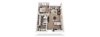 A 3D floor plan of a small apartment with two bedrooms and a living area.