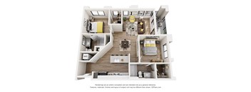 A 3D floor plan of a two-bedroom apartment with a living room, kitchen, and bathroom.