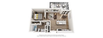 A 3D floor plan of a small apartment with a kitchen, living room, and bedroom.