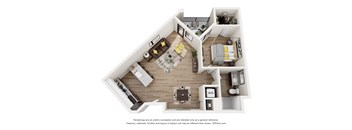 A 3D floor plan of a small apartment with a kitchen, living room, and bedroom.