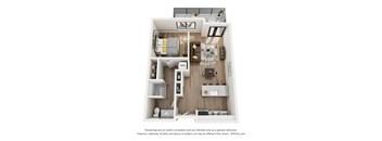 A 3D floor plan of a small apartment with a kitchen, living room, and bathroom.