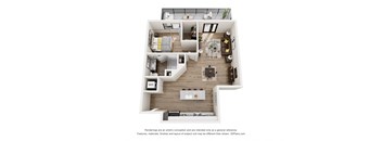 A 3D floor plan of a house with a living room, kitchen, and two bedrooms.