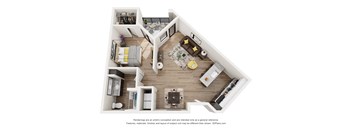 A 3D floor plan of a small apartment with a kitchen, living room, and bedroom.