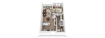 A 3D floor plan of a small apartment with a kitchen, living room, and bedroom.