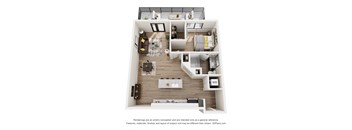 A 3D floor plan of a house with a kitchen, living room, and two bedrooms.
