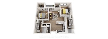 A 3D floor plan of a small apartment with a living room, kitchen, and two bedrooms.