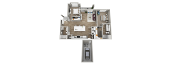 A top down view of a house layout with a garage.