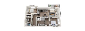 A floor plan of a small apartment with a living room, kitchen, and two bedrooms.