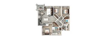 A 3D floor plan of a house with multiple rooms and furniture.