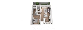 A 3D floor plan of a house with a kitchen, living room, and two bedrooms.