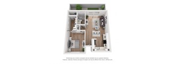 A 3D floor plan of a house with a kitchen, living room, and two bedrooms.