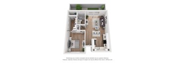 A 3D floor plan of a house with a kitchen, living room, and two bedrooms.