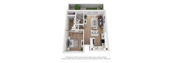 A 3D floor plan of a house with a kitchen, living room, and two bedrooms.
