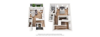A 3D floor plan of a house with two bedrooms, a living room, a kitchen, and a bathroom.