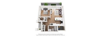 A 3D floor plan of a house with a living room, kitchen, and two bedrooms.