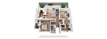 A 3D floor plan of a house with a kitchen, living room, and two bedrooms.