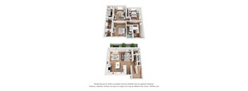 a stylized floor plan with a bedroom and a living room