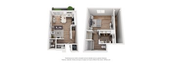 Two images of a floor plan of a house with a kitchen, living room, and bathroom.