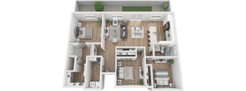 A top-down view of a modern, well-organized apartment layout.