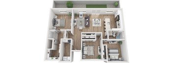 A top-down view of a modern, well-organized apartment layout.
