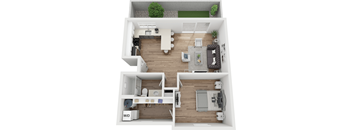 A top-down view of a two-bedroom apartment with a living room, kitchen, and bathroom.