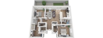 A top-down view of a modern, minimalist apartment layout with a living room, kitchen, and bedroom.
