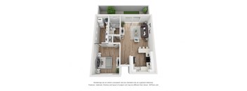 a stylized floor plan with a bedroom and a living room