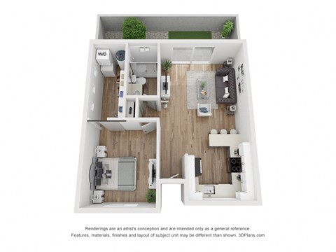 a stylized floor plan with a bedroom and a living room