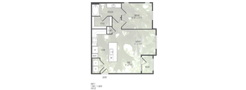 A floor plan of a home with a bathroom, kitchen, dining area, and a living room.