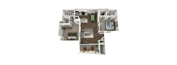 A 3D floor plan of a small apartment with a living room, kitchen, and bedrooms.