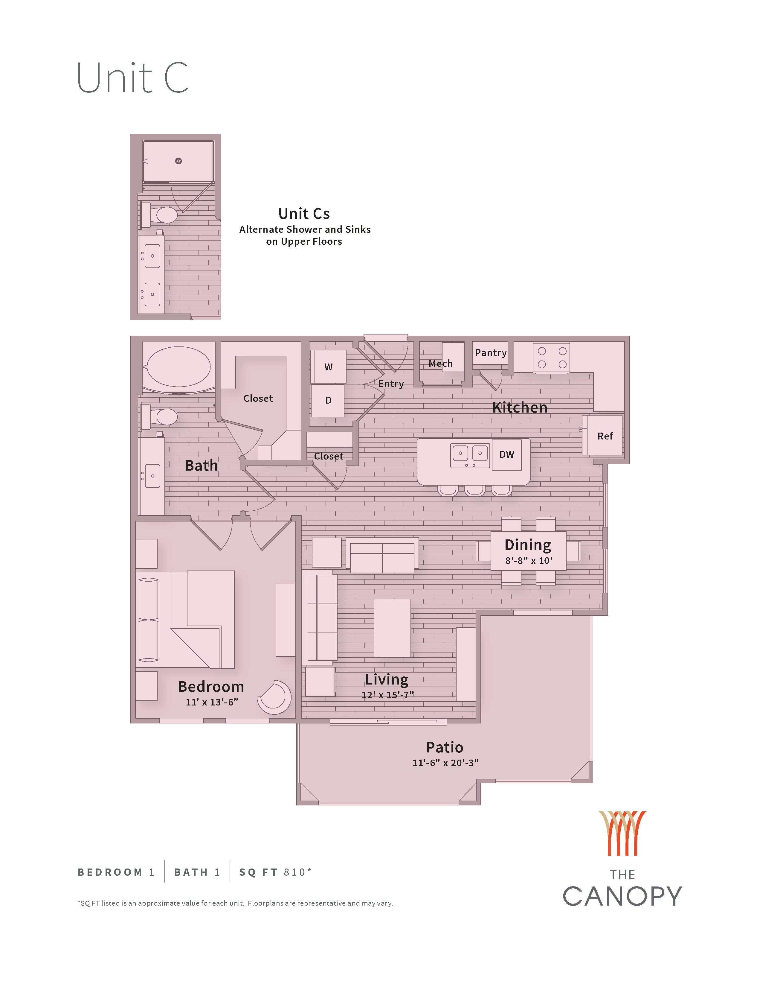 A diagram of a floor plan for Unit C, showing the layout of the bedroom, bath, kitchen, dining area, and patio.