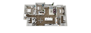 A 3D floor plan of a house with a kitchen, living room, and two bedrooms.