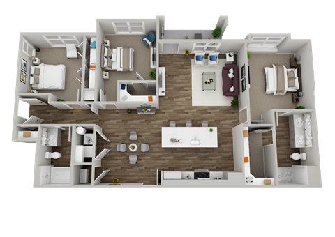 A 3D floor plan of a house with a kitchen, living room, and two bedrooms.