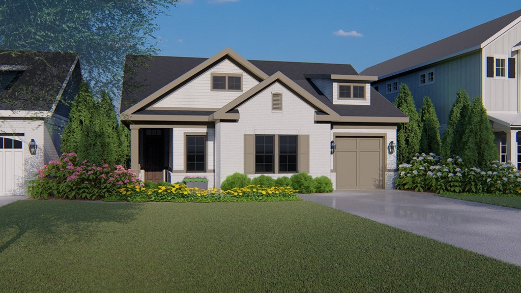 a rendering of a house with a driveway and a garden