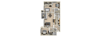 A floor plan of a small apartment with a kitchen, living room, and two bedrooms.