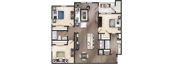 A floor plan of a house with a living room, dining room, kitchen, and two bedrooms.