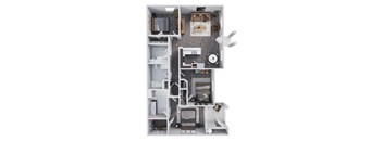 A top-down view of a small apartment with a kitchen, living room, and bedroom.