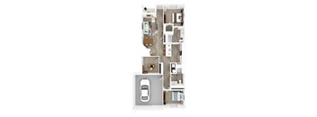 A top down view of a house with a car parked in the garage.
