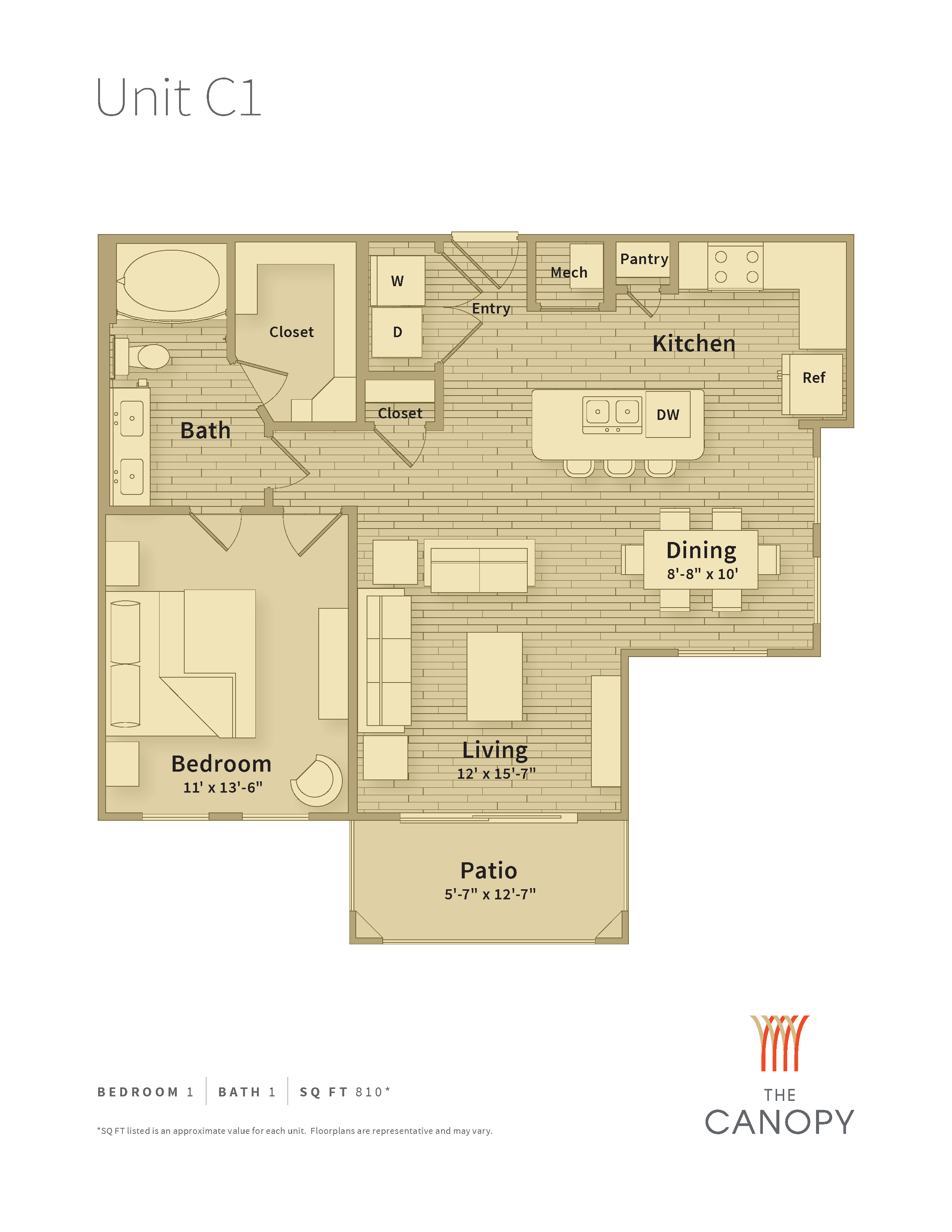 A floor plan for Unit C1 shows a bedroom, bath, kitchen, dining area, and living room.